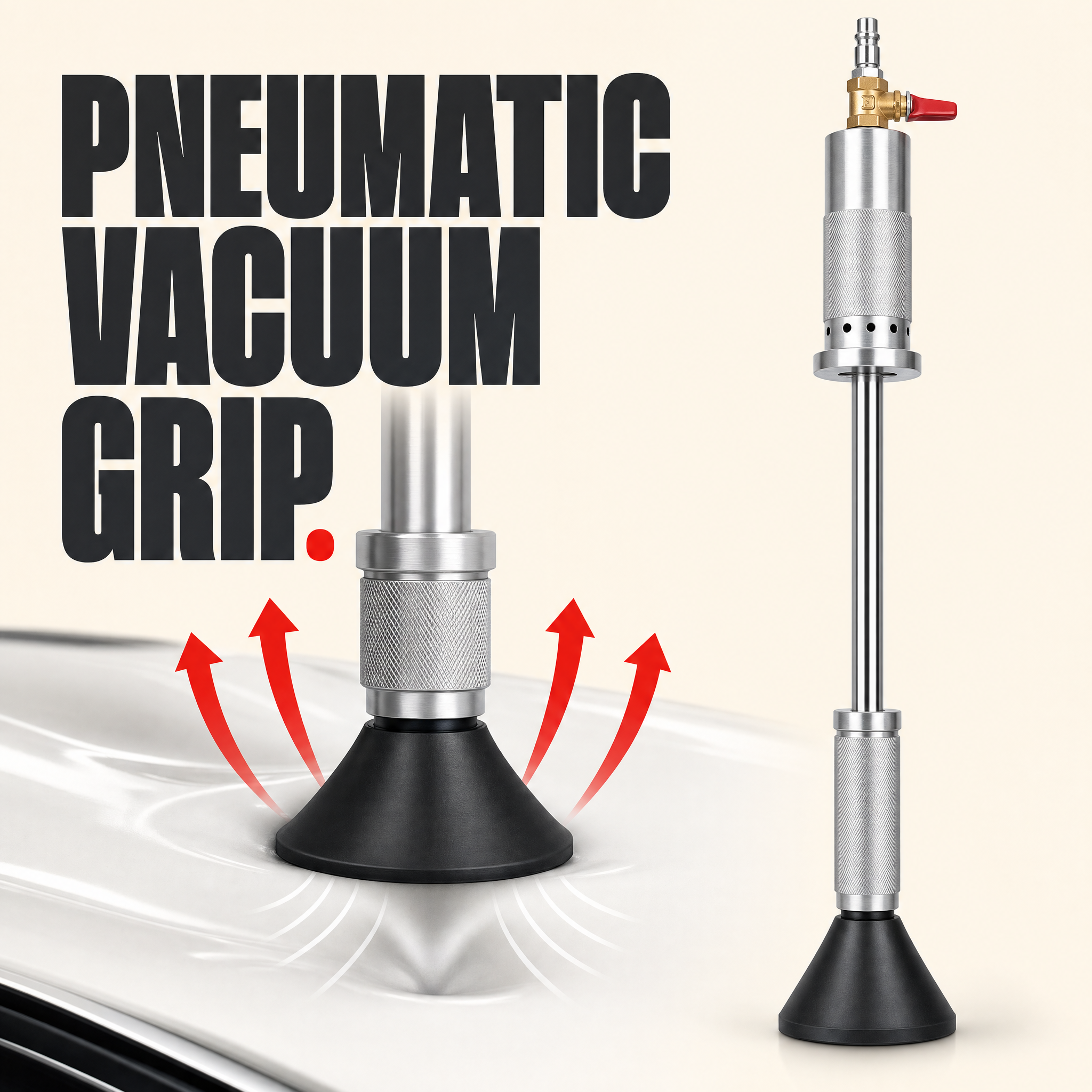 Pneumatic vacuum grip pulling a dent from a car panel