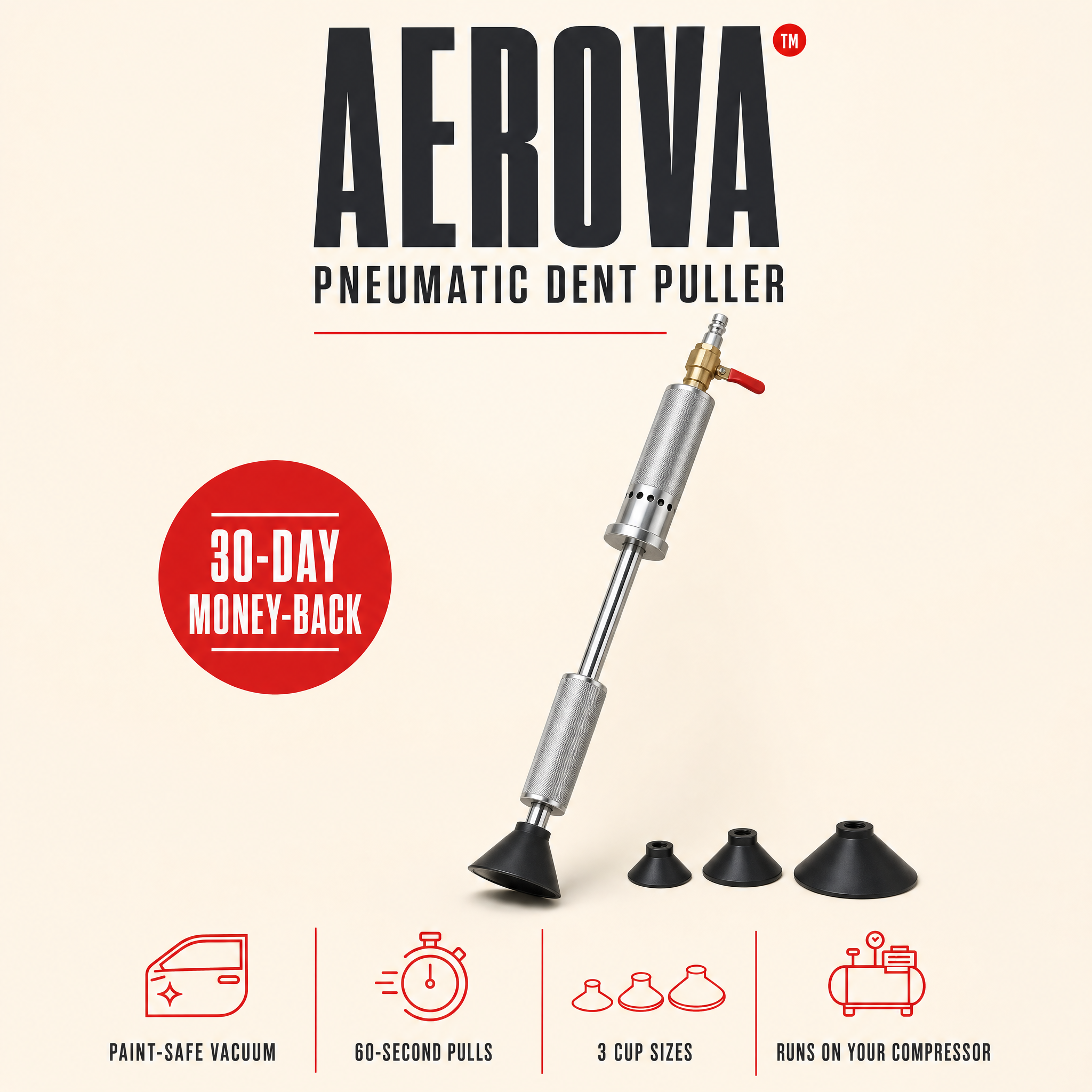 Aerova Pneumatic Dent Puller - pro-grade dent repair with 30-day money-back guarantee, paint-safe vacuum, 60-second pulls, 3 cup sizes