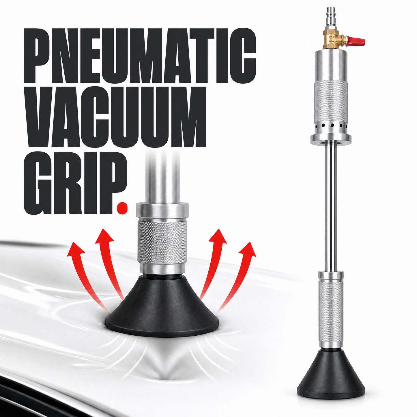 Pneumatic vacuum grip pulling a dent from a car panel